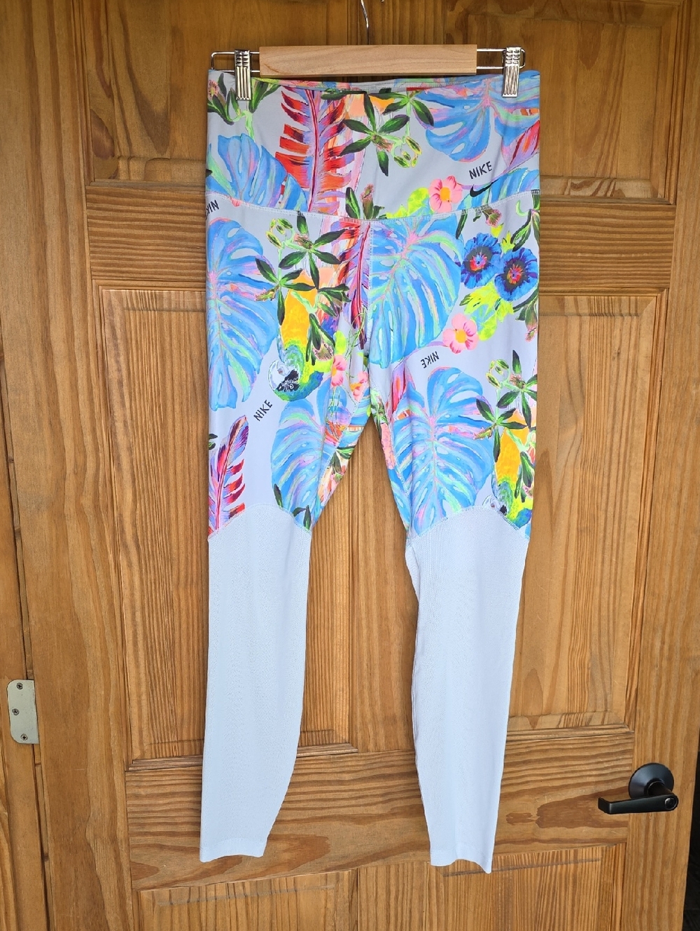 Nike Women's Tropical Floral Leggings With Sheer White Mesh Bottom Large